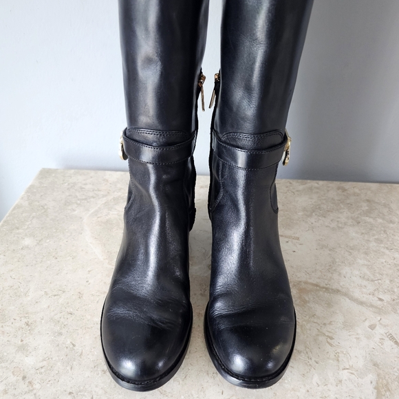 Michael Kors Hamilton Riding Boots Women’s Size 7.5 Black Leather Knee High Gold - Picture 4 of 12